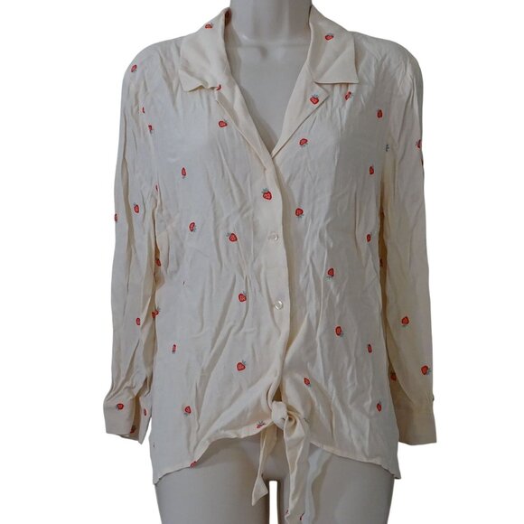 LC Lauren Conrad Button Up Tie Blouse Long Sleeve Strawberry Pink Women Size L - Picture 1 of 12